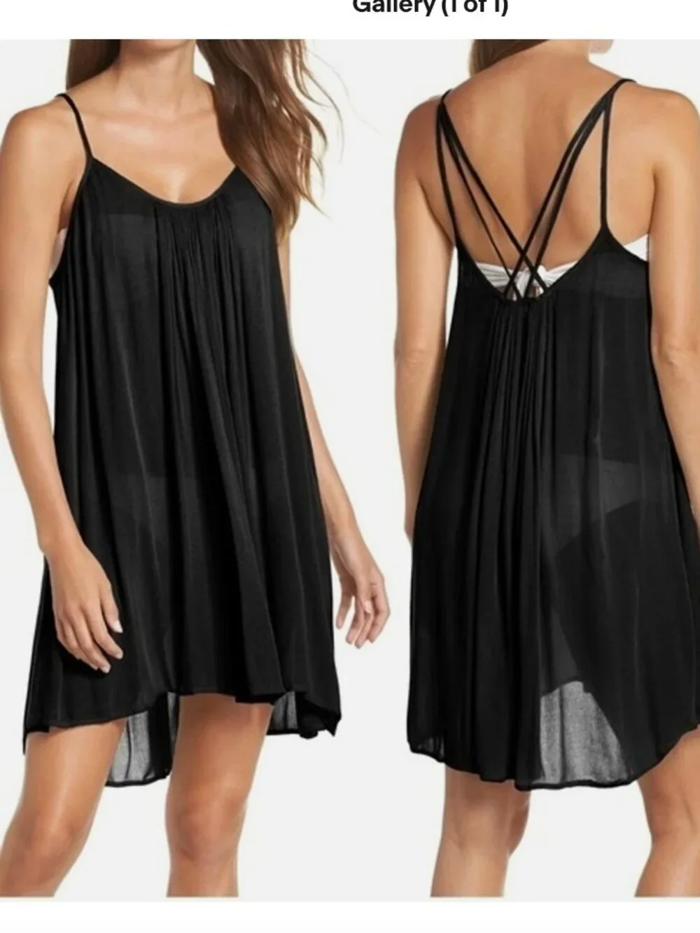 Nordstrom Elan Black Gauzy Strappy Swim Beach Cover Up Slip Dress Size Small